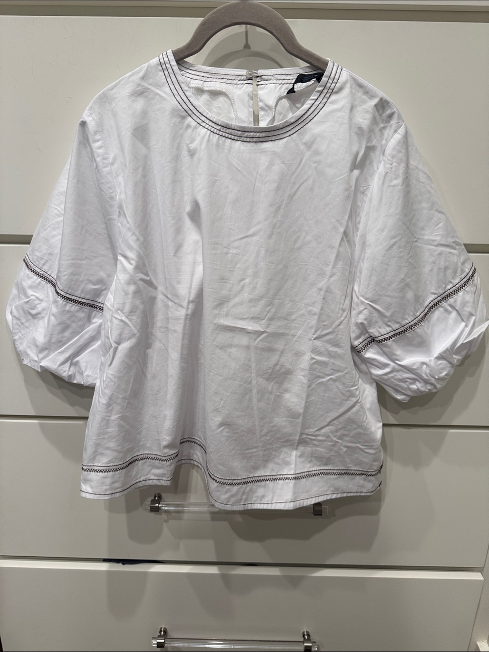 Zara Women's White balloon Sleeve Blouse - Elegant brown Embroidered Trim